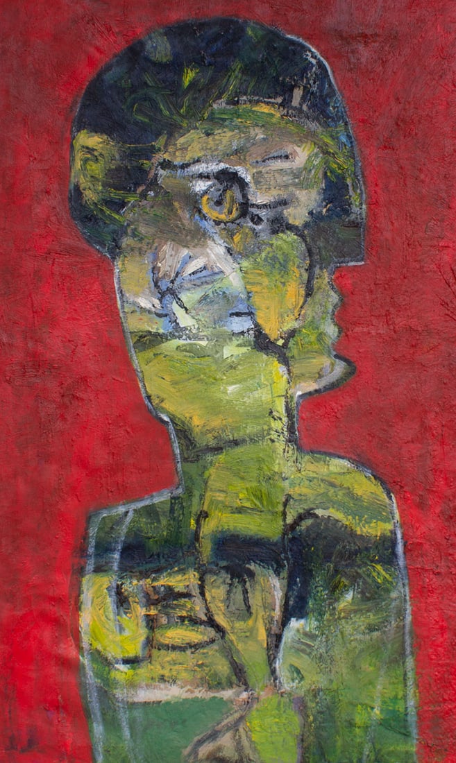 James L. Bruch 1960s Abstract Oil on Canvas Painting: 1960s abstract oil on canvas painting of a figure by James L. Bruch (American; 1942-2023). Unsigned, estate stamped verso. Measurements: 31.25” W x 50” H x 1” D. &nb