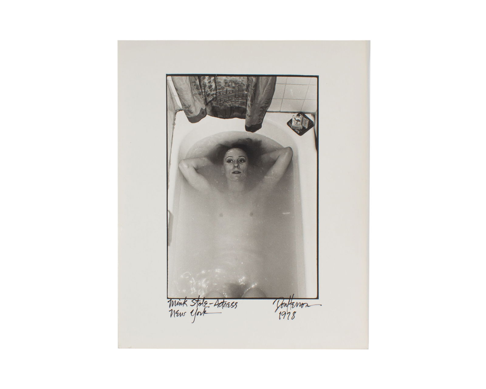 Don Herron Signed 1978 “Mink Stole - Actress" Tubshots Black and White Photograph: 1978 black and white photograph titled Mink Stole - Actress by American photographer Don Herron (1941-2012). This photograph is from a series by Herron titled Tubshots, which encompassed a series of b
