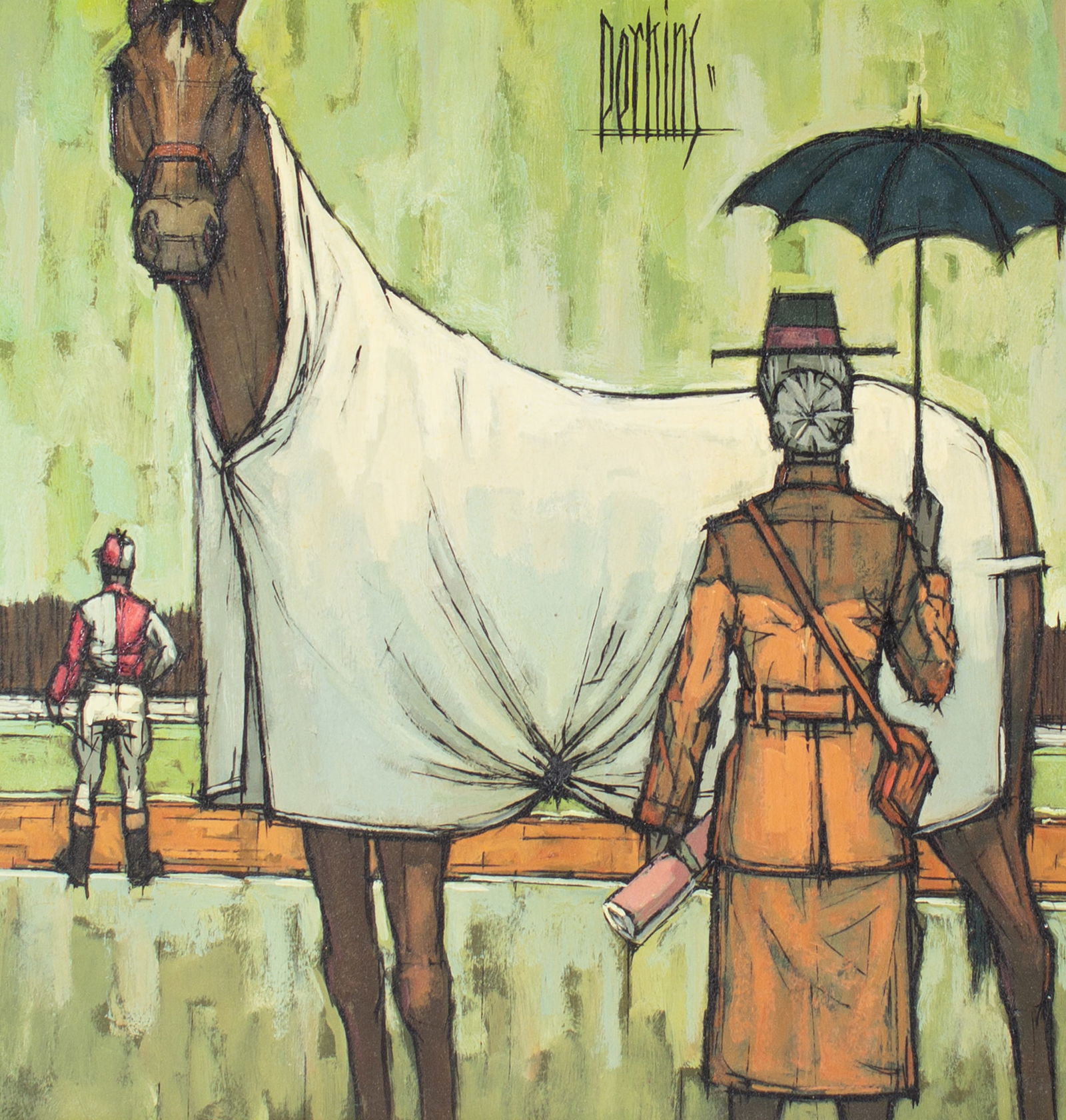Philip R. Perkins Oil on Board Painting: Oil on board painting of a horse, jockey, and woman by Philip R. Perkins (American; 1914-1968). Signed upper center. Measurements: 20.25" W x 20.25" H x 1.5" D (frame); 14"