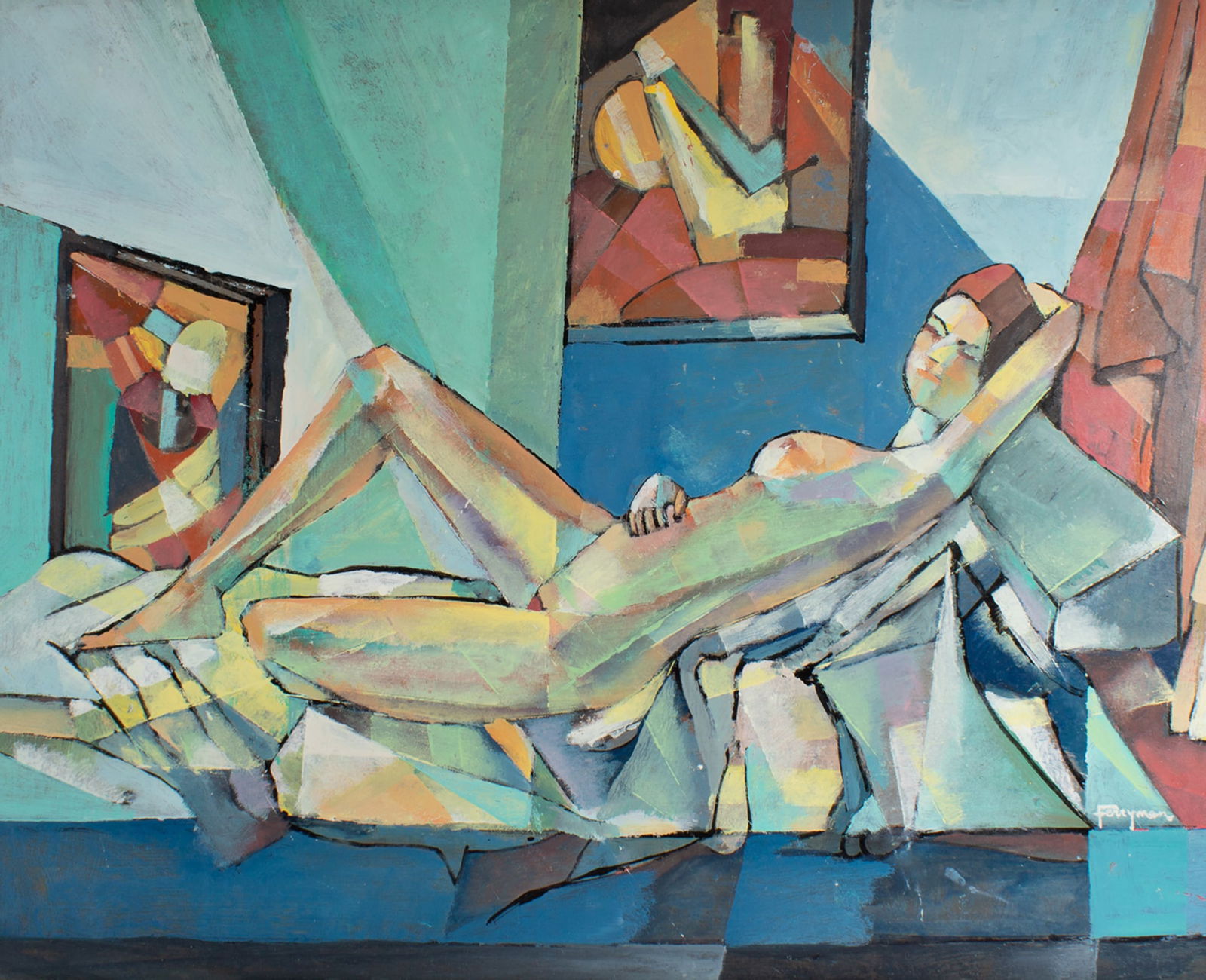 Francis Revesz Ferryman Oil on Board Abstract Nude Painting: Oil on board painting by Frances Revesz Ferryman (Hungarian-American; 1893-1983). Signed to the lower right. Born in Hungary, Ferryman studied at the University of Architecture in Bud