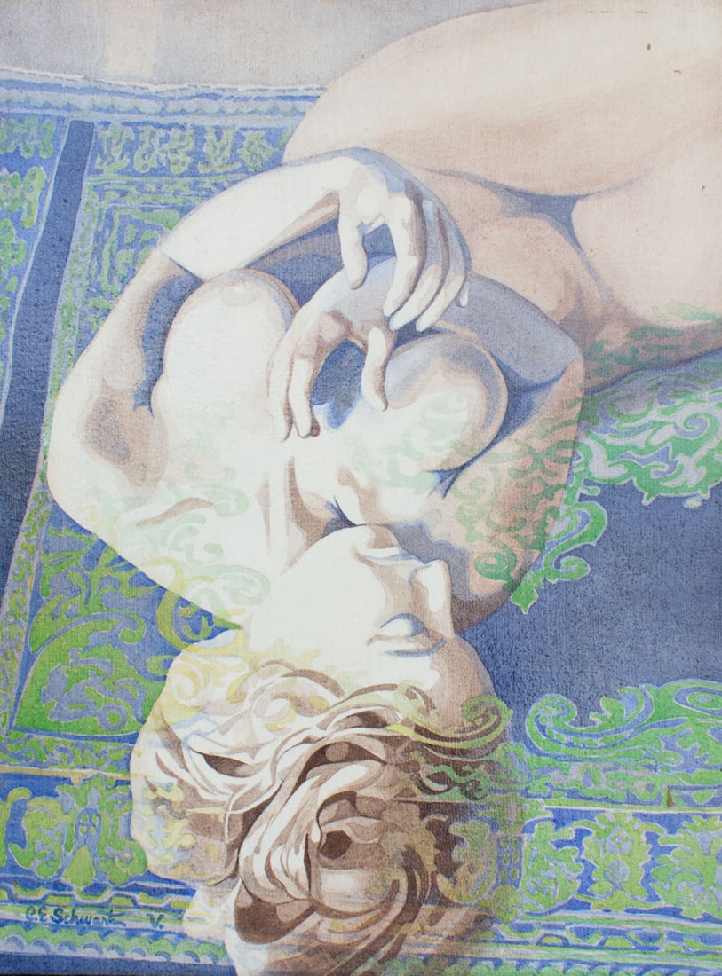 Carl E. Schwartz 1973 Oil on Canvas Painting: 1973 oil on canvas painting of a nude female figure by Carl E. Schwartz (American; 1935-2014). Signed to the lower right corner. Carl E. Schwartz was born in Detroit, Michigan, and st