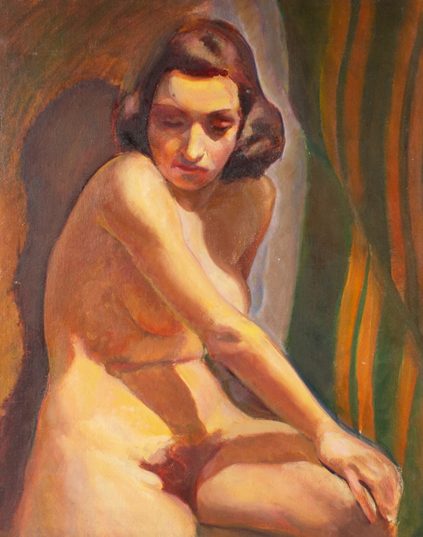 George Coggeshall 1960 Oil on Board Painting of a Nude Figure: 1960 oil on board painting of a seated nude female figure by George Coggeshall (American; 1914-1994). Signed and dated to verso. Measurements: 24.5" W x 28.5" H x 2.25" D (f