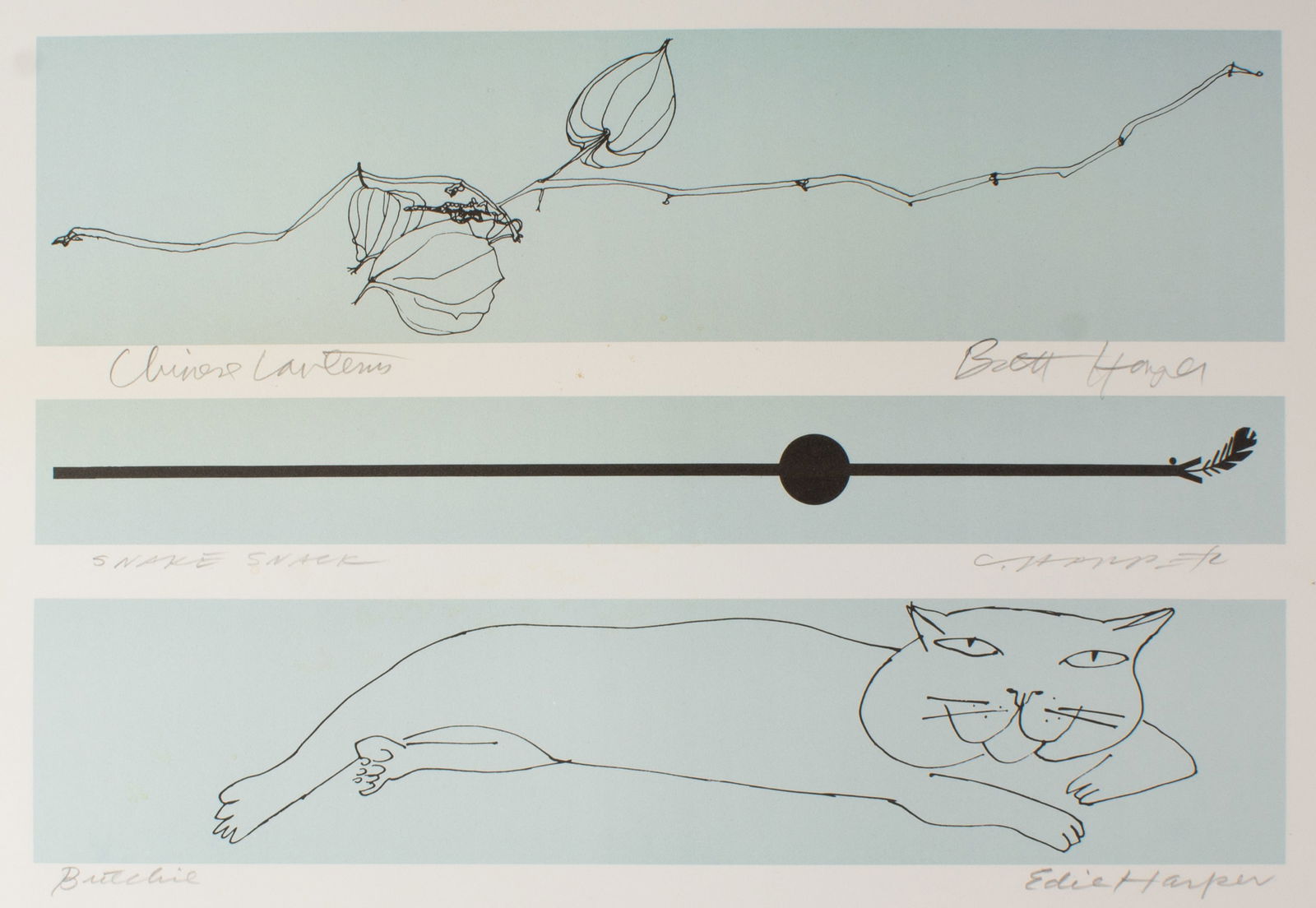 Charley, Edie, Brett Harper "Chinese Lanterns / Snake Snack / Butchie" Screen Print: Screen print with images by Brett Harper (American; 20th/21st century), Edie Harper (American; 1922-2010), and Charley Harper (American; 1922-2007). The three images are titled Chinese Lanterns,&