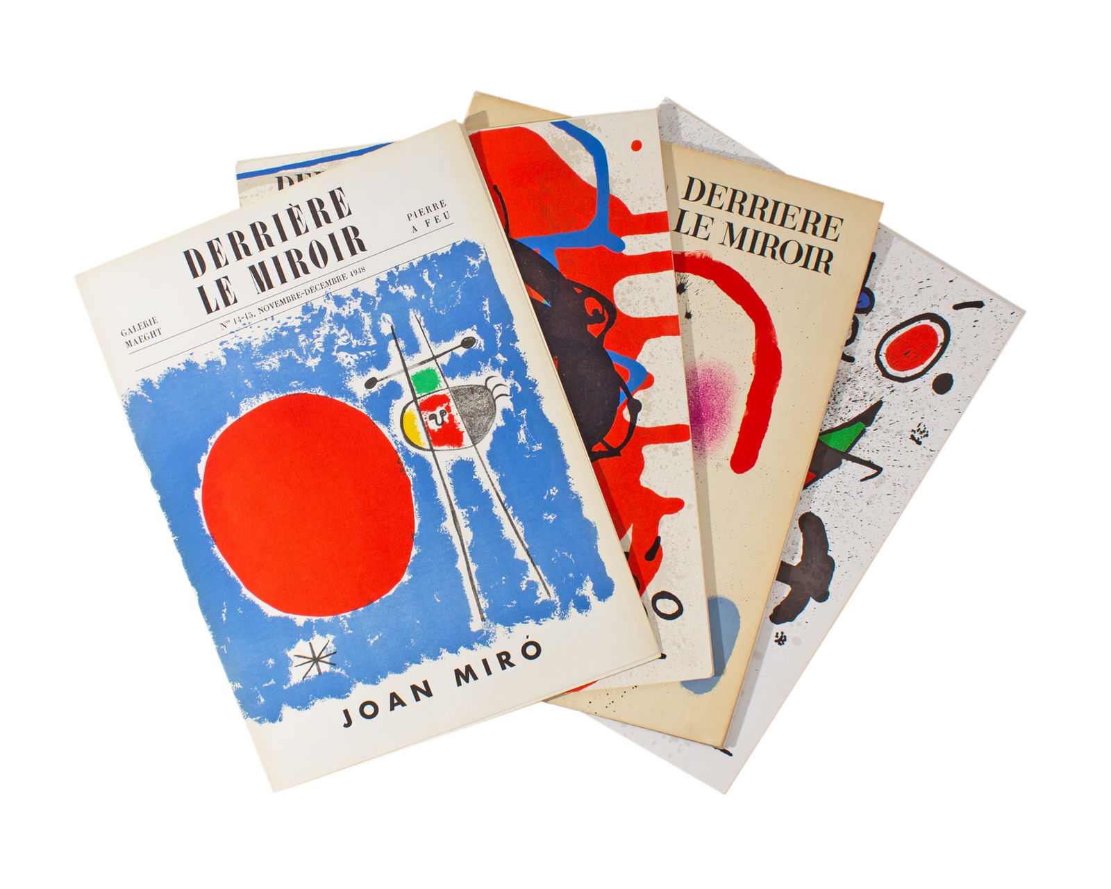 Joan Miro "Derriere le Miroir" 4 issues.: 4 issues of the French art publication Derriere le Miroir, published by Aimé Maeght featuring Joan Miro (Spanish 1893-1983) lithographs. Included in the lot are issues: #14-15