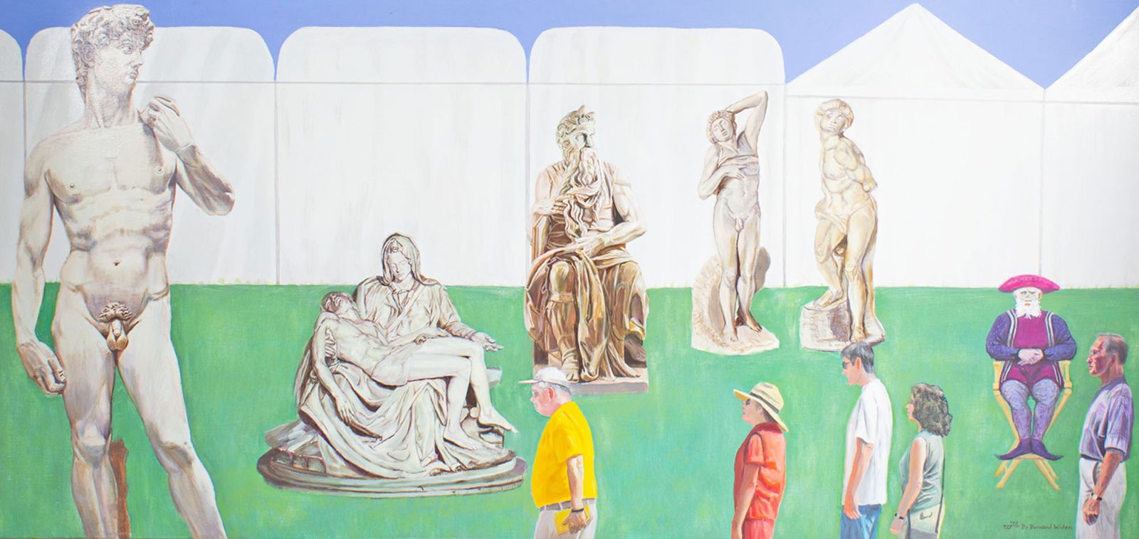 Bernard Widen Signed Oil on Canvas Painting: Oil on canvas painting by Bernard Widen (American; 1920-2017). An abstract composition depicts five of Renaissance artist Michelangelo's sculptures on a green lawn against a row of white canopy te