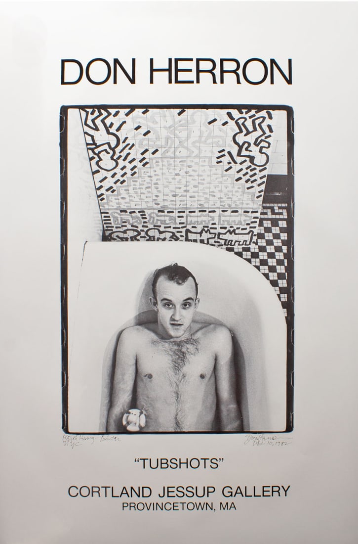 Don Herron 1991 "Tubshots" Keith Haring Exhibition Poster: 1991 exhibition poster for the show Tubshots with works by photographer Don Herron (American; 1941-2012) held at the Cortland Jessup Gallery in Provincetown, MA. The poster depicts American