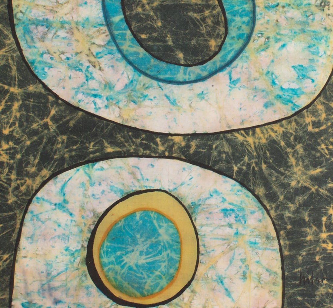 Harry Hilson Abstract Batik: Abstract batik by Harry Hilson (American; 1935-2004). Signed to the lower right corner. Harry Hilson was active from the 1950s-1990s. He created a variety of works, including oil paintings, ink
