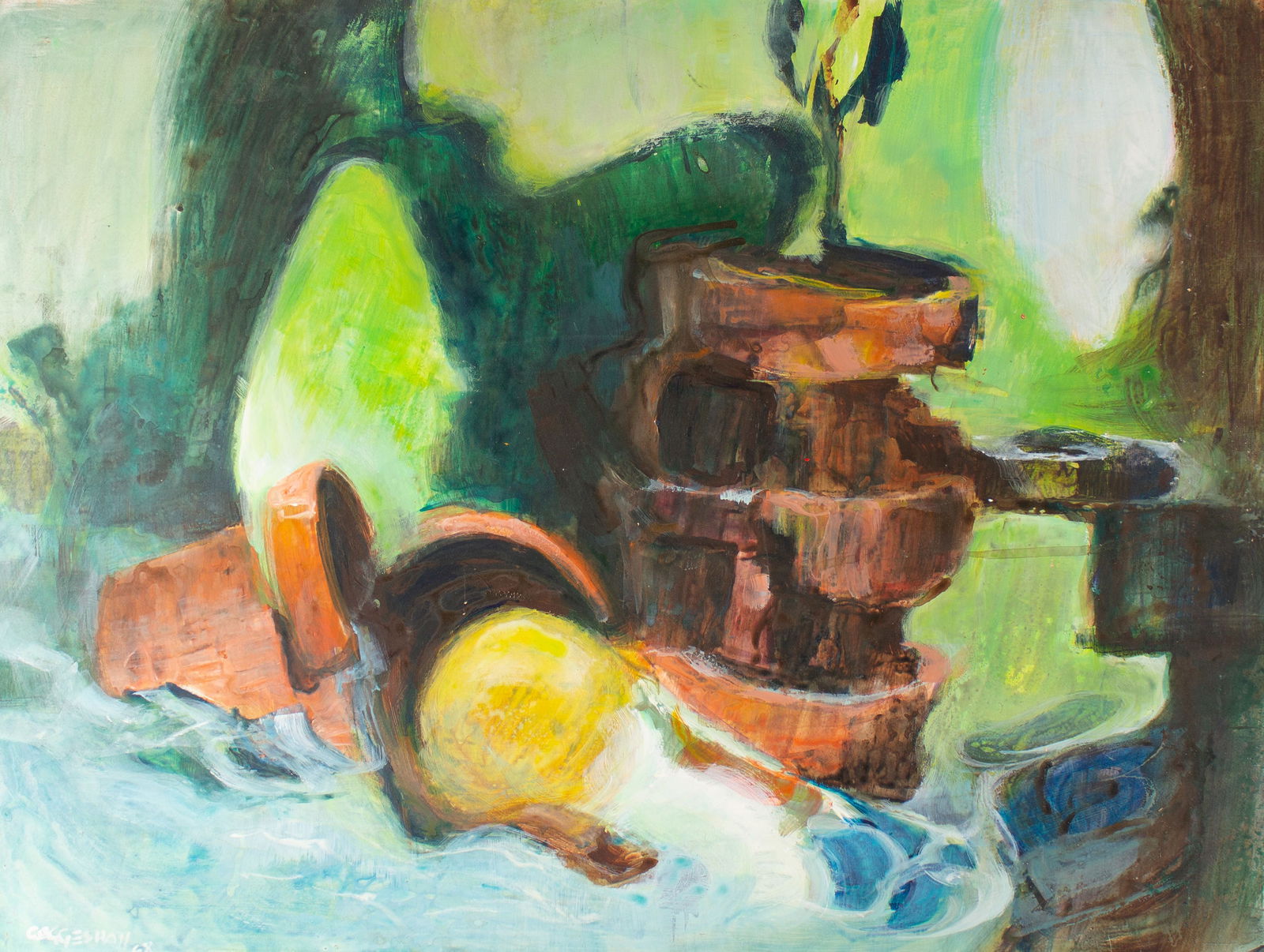 George Coggeshall 1968 Oil on Board Still Life Painting: 1968 oil on board still life painting by George Coggeshall (American; 1914-1994). Signed and dated lower left. Measurements: 31.25" W x 24" H. In house shipping available. &nbs