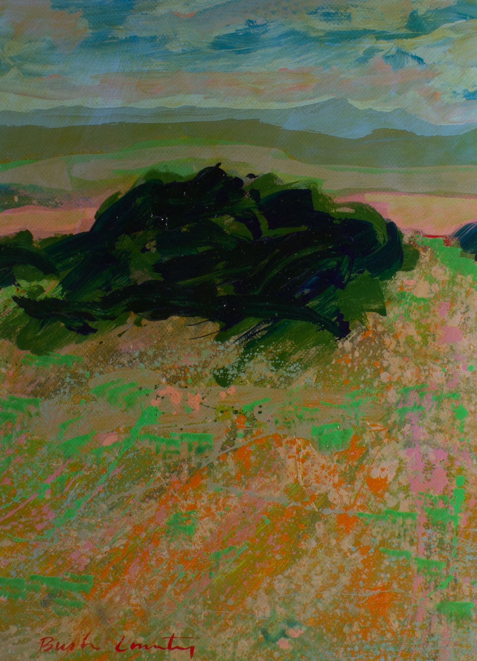 Harry Hilson 1980s “Bush Country" Abstract Landscape Acrylic Painting: 1980s abstract acrylic on paper landscape painting titled Bush Country Harry Hilson (American; 1935-2004). Titled lower left, unsigned. Harry Hilson was active from the 1950s-2000. He created a variet