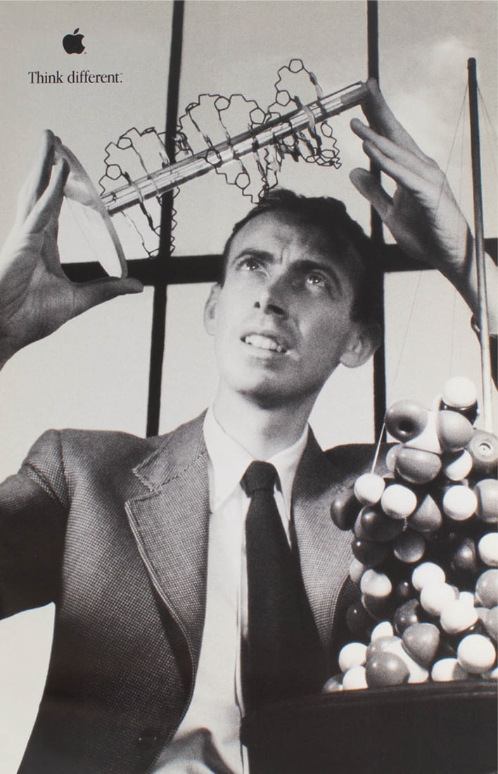 Apple “Think Different" 1998 James Watson Poster: 1998 Think Different poster of James Watson designed for Apple. The poster features a black and white portrait of James Watson. The Apple logo and the words "Think different" are in the top left corne