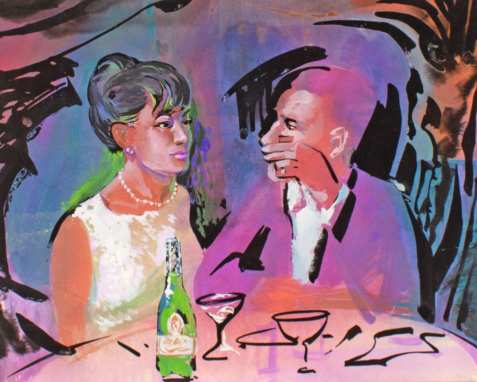 George Coggeshall 1966 Gouache Painting: 1966 gouache painting of a couple talking by George Coggeshall (American; 1914-1994). Dated lower left behind mat board, estate stamped verso. Measurements: 20" W x 16" H (mat board);