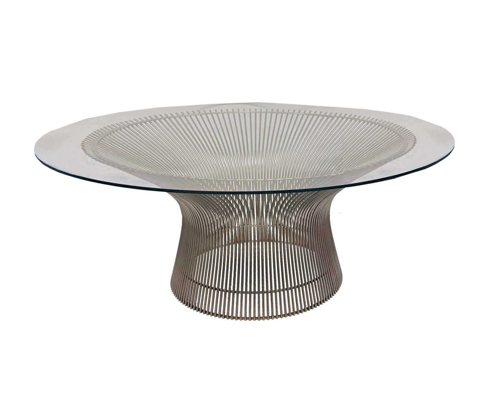 Warren Platner Coffee Table: Vintage steel and glass coffee table designed by architect and designer Warren Platner (American; 1919-2006). Glass top is not original. Measurements: 37” W x 0.25”