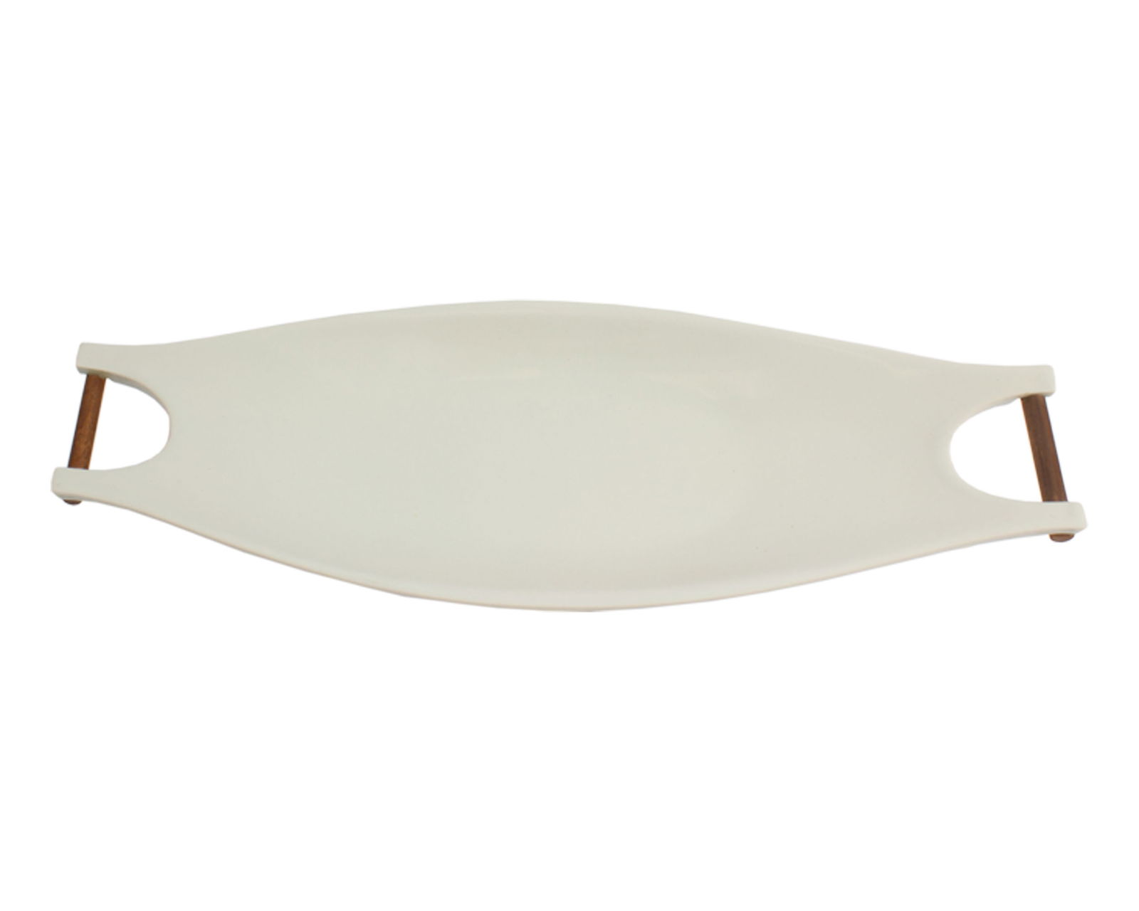 Michael Lax Hyalyn “Capri" for Raymor Serving Dish: Mid-century Capri serving dish designed by industrial designer Michael Lax (American; 1929-1999) for Hyalyn and distributed by Raymor. The handled white porcelain dish features walnut handles.