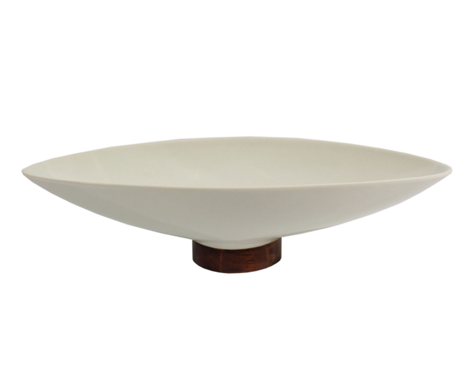 Michael Lax Hyalyn “Capri" for Raymor Oval Dish: Mid-century Capri oval dish designed by industrial designer Michael Lax (American; 1929-1999) for Hyalyn and distributed by Raymor. White porcelain, walnut wood base. Measurements: 11.75” W x 3&