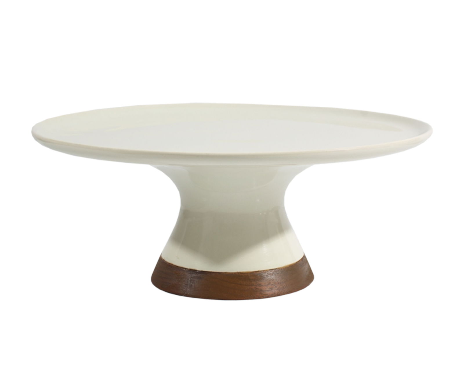 Michael Lax Hyalyn “Capri" for Raymor Cake Stand: Mid-century Hyalyn Capri cake stand designed by the industrial designer Michael Lax (American; 1929-1999) and distributed by Raymor. The round white porcelain cake stand tapers to a round walnut base.