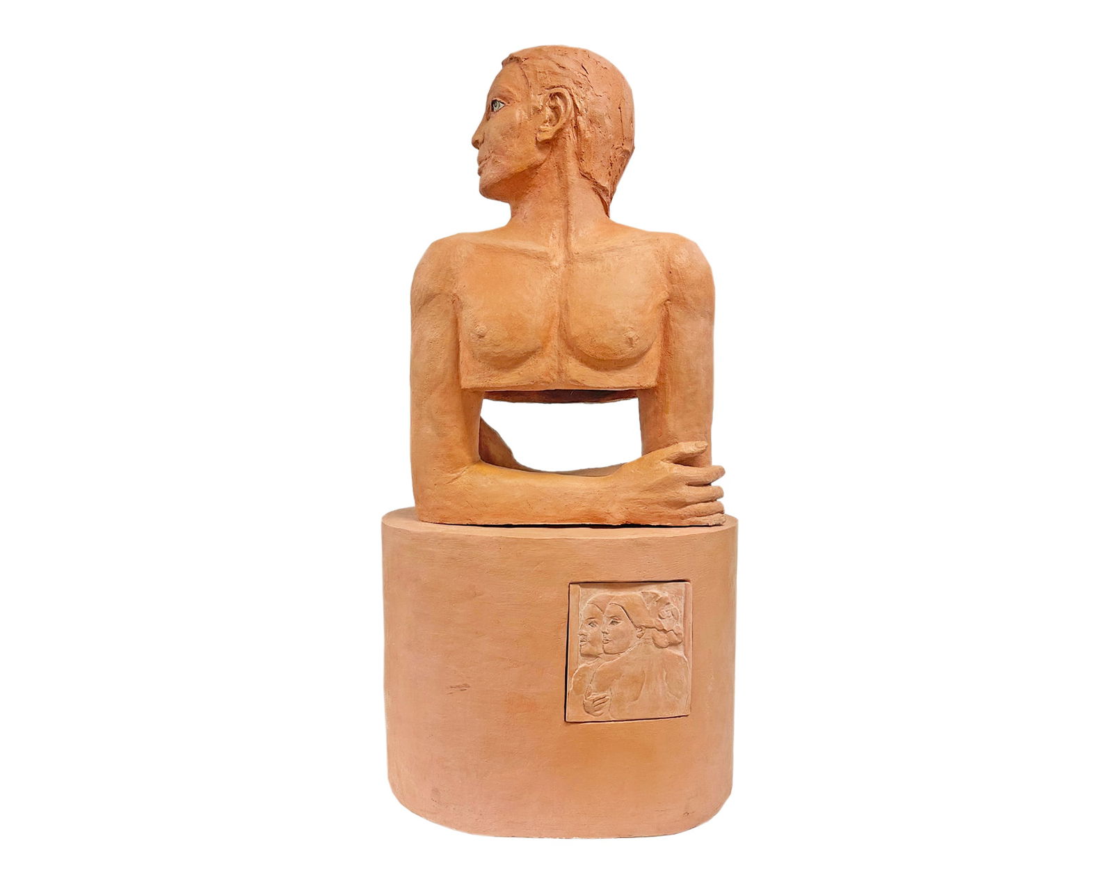 Joe Ann Cousino 2003 Studio Pottery Sculpture Male/Female Bust Sculpture: 2003 substantial studio pottery sculpture by Toledo, Ohio artist Joe Ann Cousino (American; 1925-2007). Sculpture depicts a nude bust that is half male, half female. Bust sits on a large base with