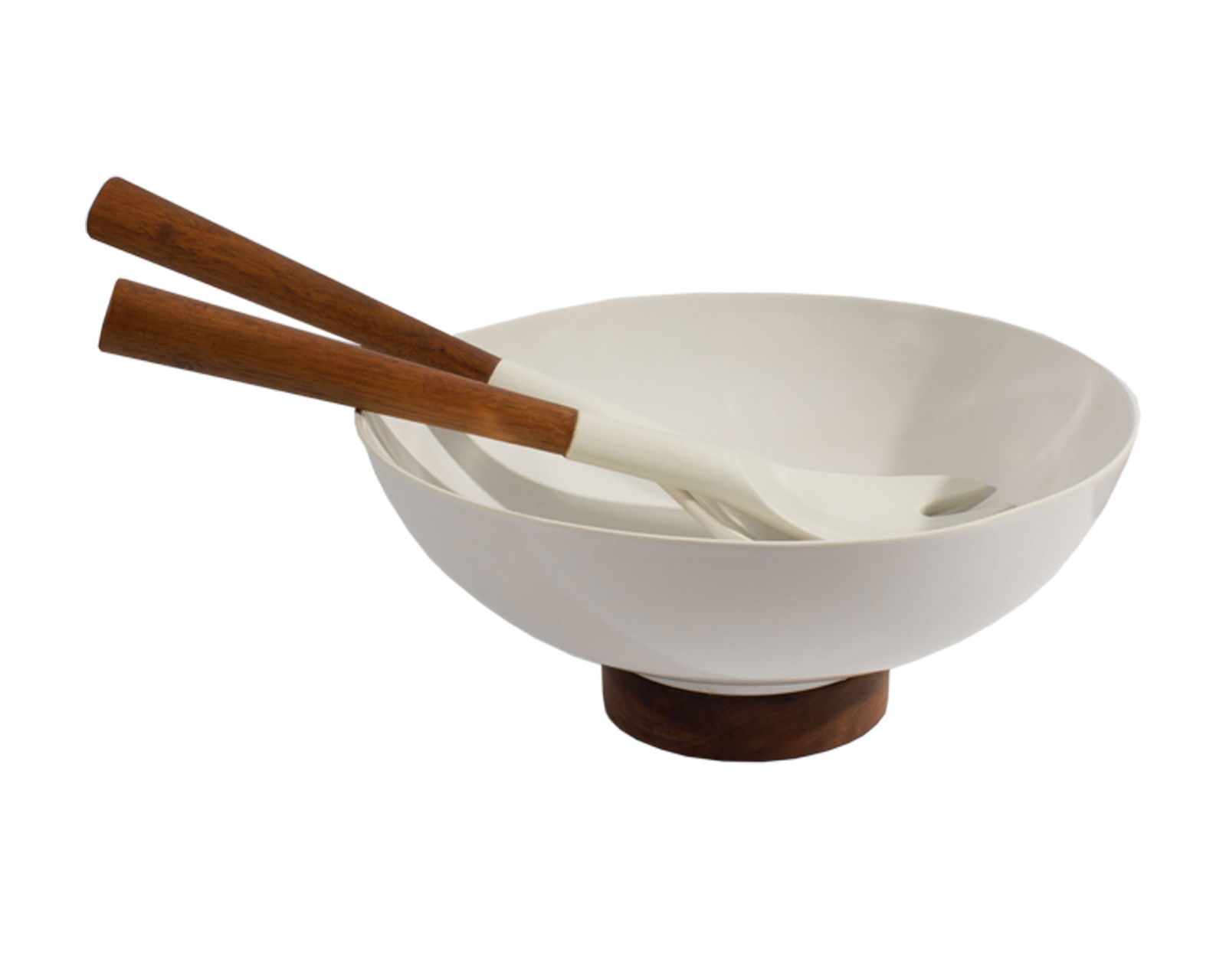 Michael Lax Hyalyn “Capri?? for Raymor Salad Bowl and Salad Serving Pieces: Mid-century Capri salad bowl serving set designed by the industrial designer Michael Lax (American; 1929-1999) for Hyalyn and distributed by Raymor. The round white porcelain bowl with
