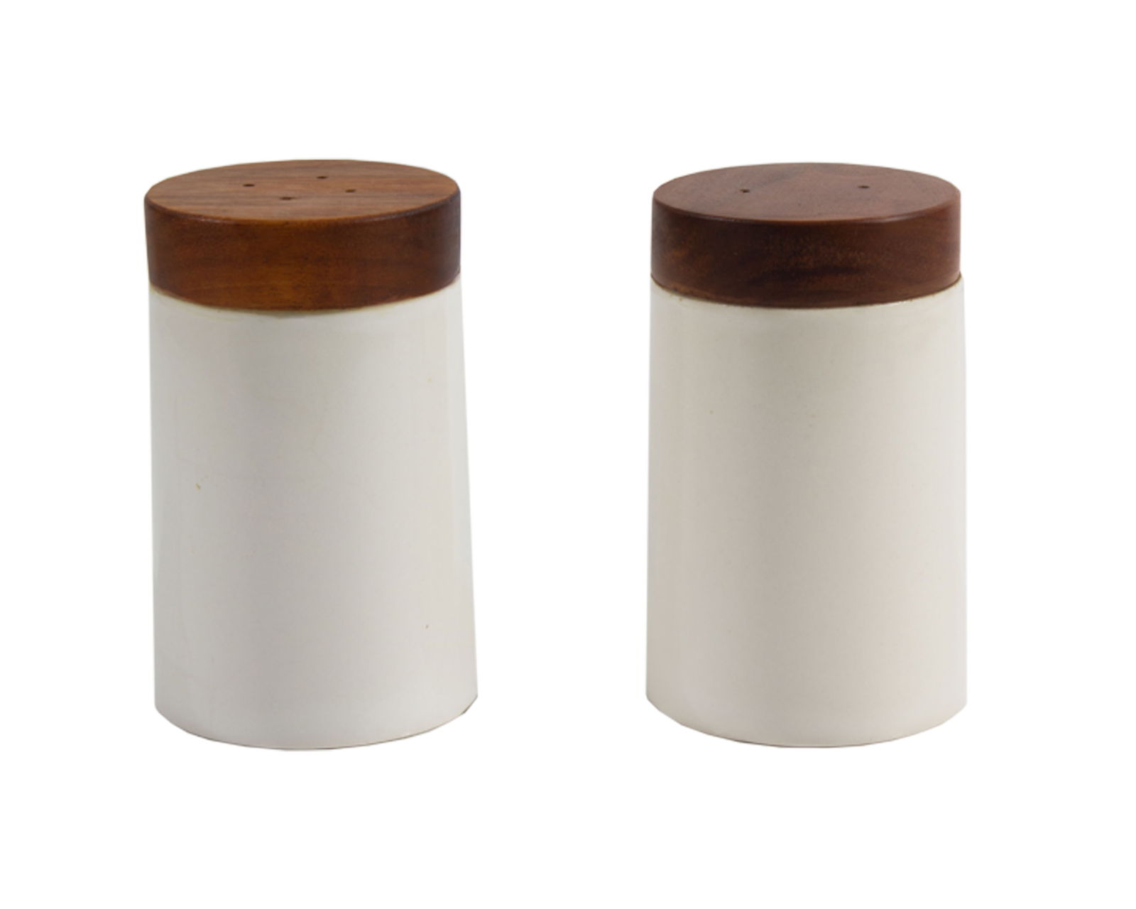 Michael Lax Hyalyn “Capri" for Raymor Salt and Pepper Shakers: Mid-century Hyalyn Capri salt and pepper shakers designed by industrial designer Michael Lax (American; 1929-1999) for Hyalyn and distributed by Raymor. The barrel shaped shakers each feature a white