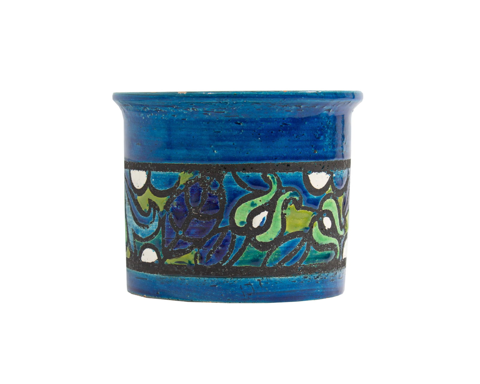 Bitossi Italian “Art Nouveau" Ceramic Planter with Floral Design: Italian ceramic planter or cachepot by Bitossi. Made in Italy, this blue planter is in the "Art Nouveau" pattern. Marked "Italy" to the underside. Measurements: 6” W x 5” H x 6” D. I
