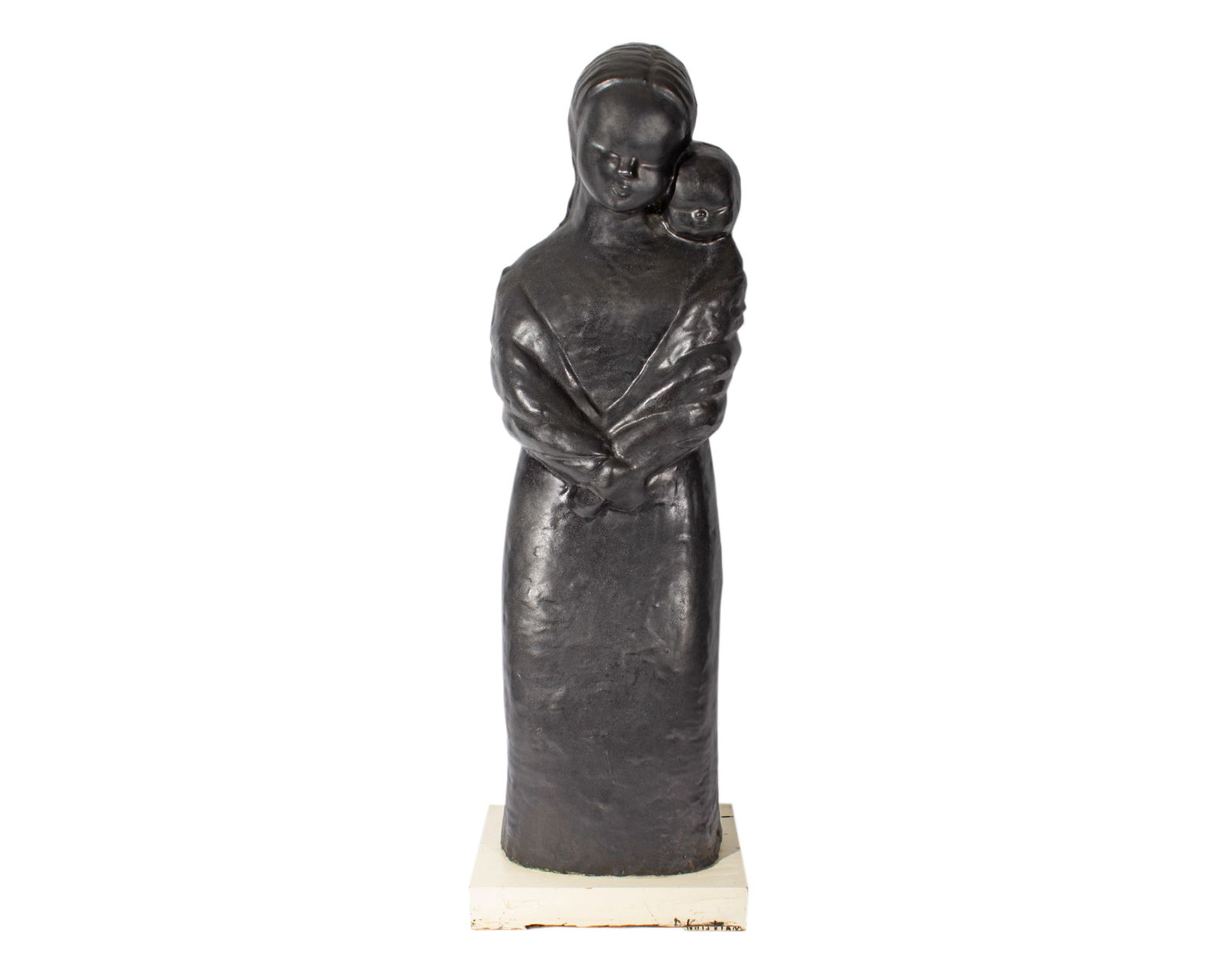 Ed Kristian Ceramic 31" Sculpture of a Mother and Child: Ceramic sculpture of a mother and child by Ed Kristian. Signed to base. Measurements: 10" W x 31" H x 7" D. In house shipping available. 