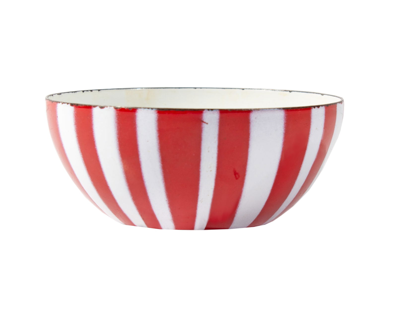 Cathrineholm Red White Stripe Enamelware Bowl: Red and white stripe enamelware bowl by Cathrineholm. Measurements: 4" W x 1.75" H x 4" D. In house shipping available.