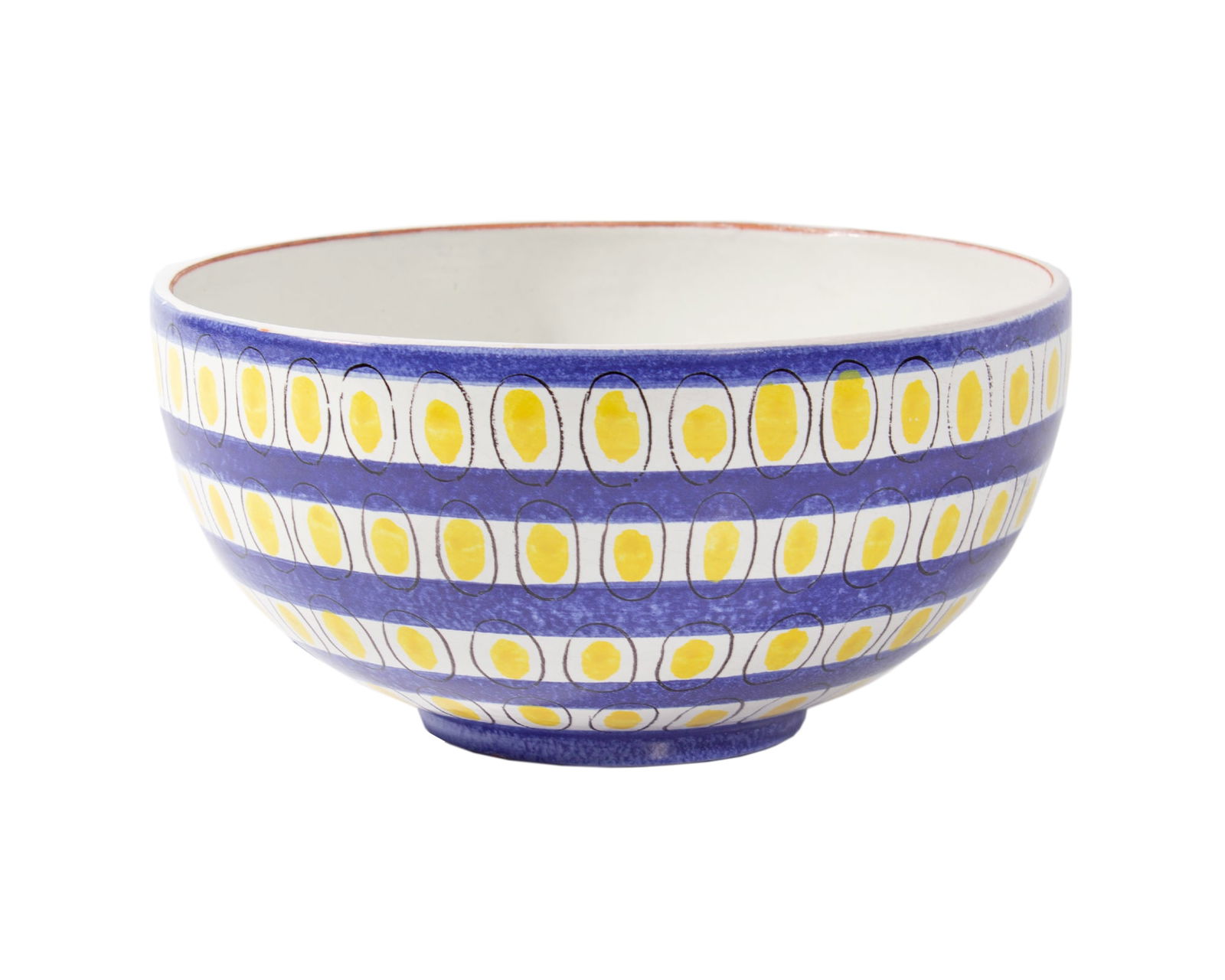 Stig Lindberg Gustavsberg Faience Bowl: Faieance bowl designed by Stig Lindberg (Swedish; 1916-1982) for Gustavsberg. Made in Sweden. Marked with Gustavsberg Sweden sticker to underside. Also marked with Lindberg hand mark as well as "F. 16