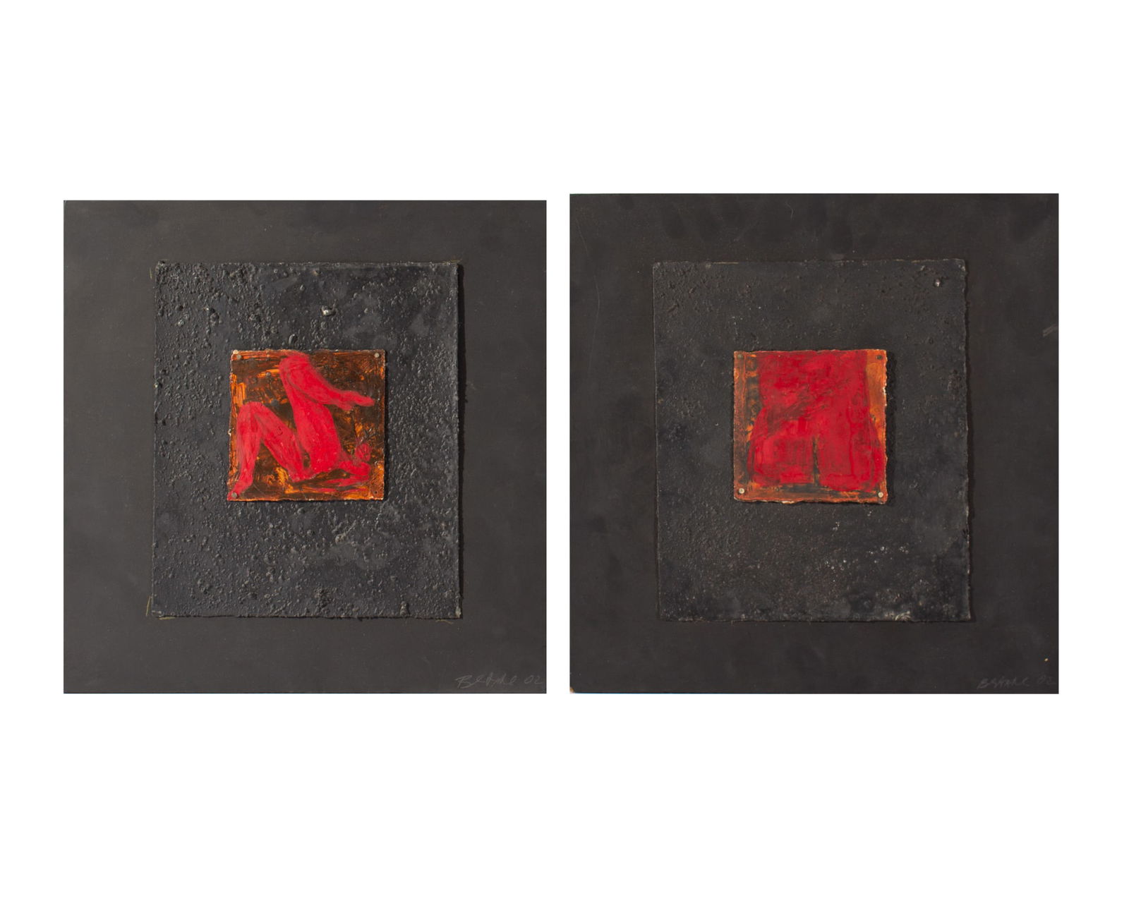 Barb Stahl 2002 Oil on Paper Paintings of Nude Figures: 2002 oil on paper paintings of nude figures by Barb Stahl (American; 20th/21st century). Signed and dated lower right. Measurements: 11.75" W x 12" H x .25" D (single, each measu