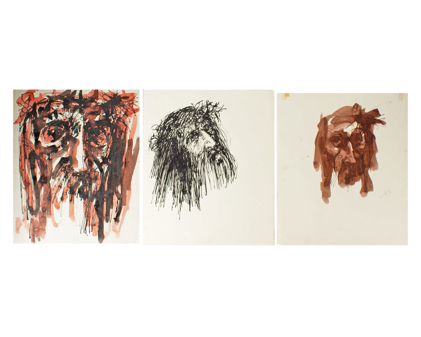 James L. Bruch 1960s Abstract Watercolor and Ink Paintings of Christ: 1960s abstract watercolor and/or ink paintings of Christ by James L. Bruch (American; 1942-2023). Two unsigned, one signed and dated 1966 lower right. Born in Kenosha, Wisconsin, James Bruch (1