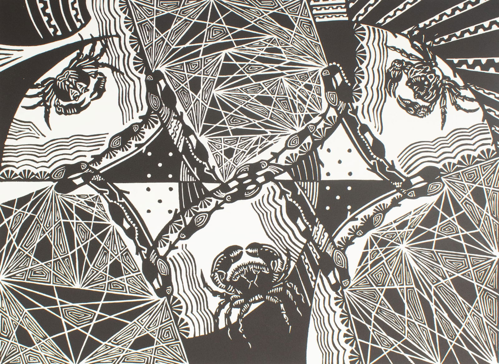 Keith Dull 2008 “Crustacean Kaleidoscope" Relief Print: Relief print titled Crustacean Kaleidoscope by Keith Dull (American; 20th/21st century). Signed, dated 2008, and numbered 1/39 to the verso. Keith Dull is a native of Fort Wayne, Indiana with degrees