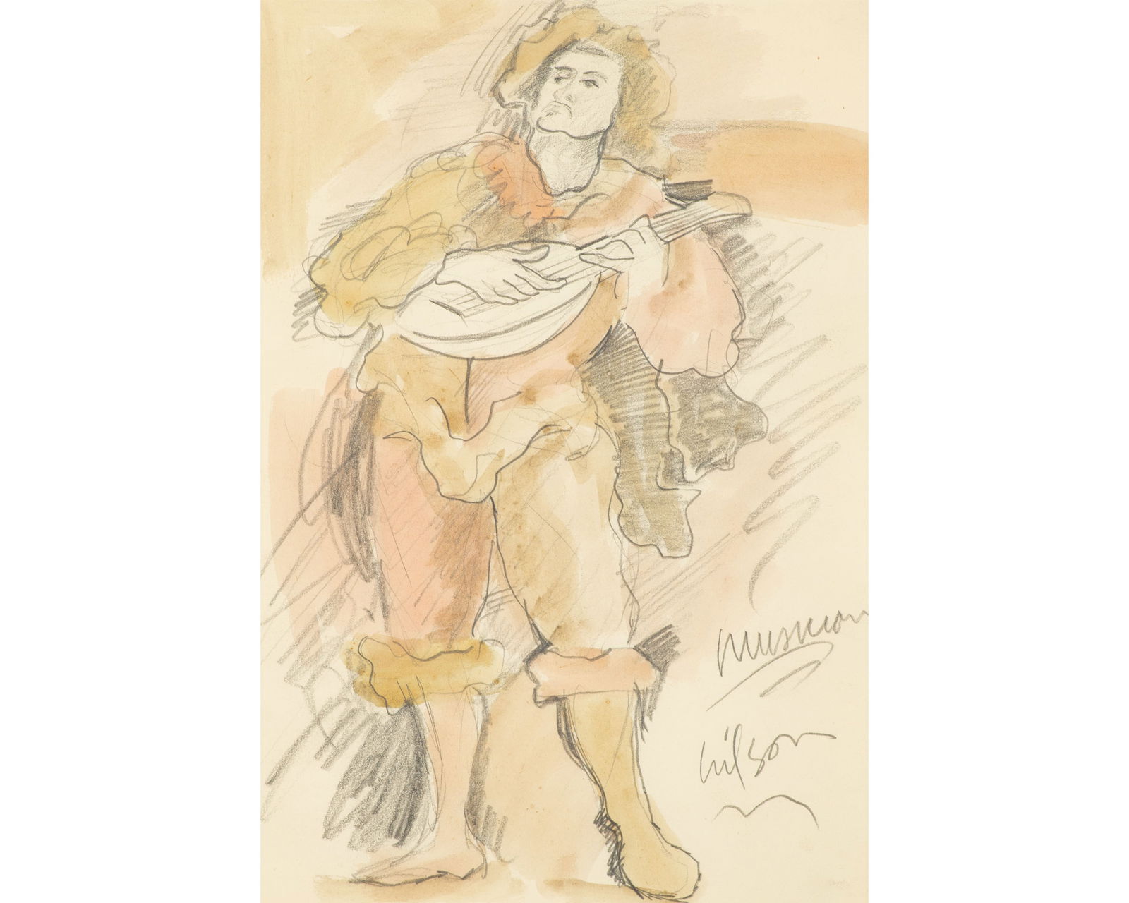 Harry Hilson Signed “Musician" Graphite and Watercolor Drawing: Watercolor and graphite drawing titled Musician by Harry Hilson (American; 1935-2004). Signed and titled lower edge. Harry Hilson was active from the 1950s-1990s. He created a variety of works, includ