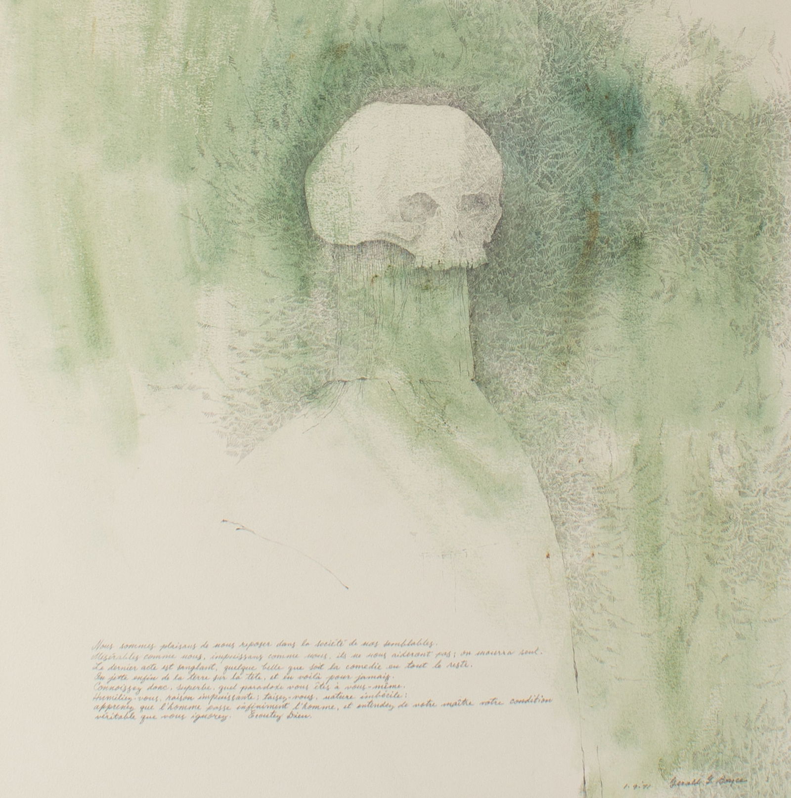 Gerald G. Boyce 1971 Graphite and Gouache Drawing: 1971 graphite drawing with gouache by Indiana artist Gerald G. Boyce (American; 1925-1999). Signed and dated lower right. Born in Embarrass, Wisconsin, Boyce graduated with an undergraduate Sci