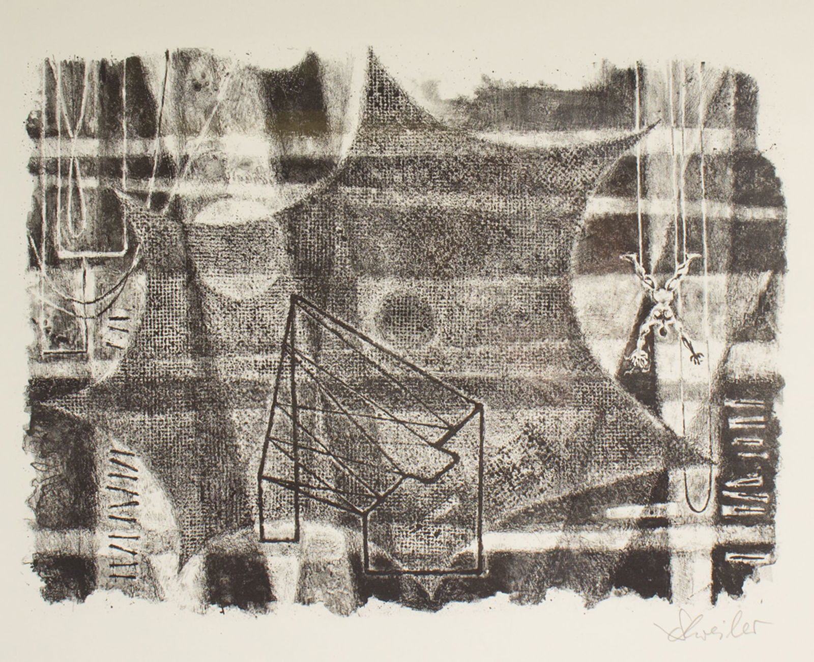 Georges Schreiber “Aerialist" Abstract Lithograph: Abstract lithograph titled Aerialist by Georges Schreiber (American; 1904-1977). Signed lower right. Born in Brussels to parents of German descent, Schreiber studied at the Art Crafts School in Elberf