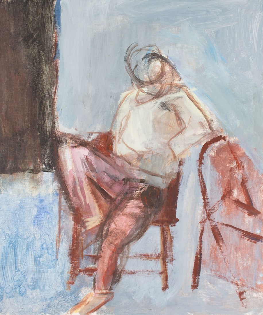 Jacob Janes 2022 Oil on Board Painting of a Figure: 2022 abstract oil on board painting of a seated figure by Jacob Janes (American; 21st century). Signed and dated verso. Measurements: 17” W x 19.75” H x 1.5” D