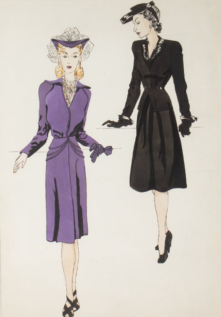 Betty Thorp Brundige 1942 Fashion Illustration: 1942 fashion illustration in watercolor and ink by Betty Lee Thorp Brundige (American; 20th century). Signed and dated verso. Measurements: 15.75" W x 19.75" H x 1" D (frame). &n