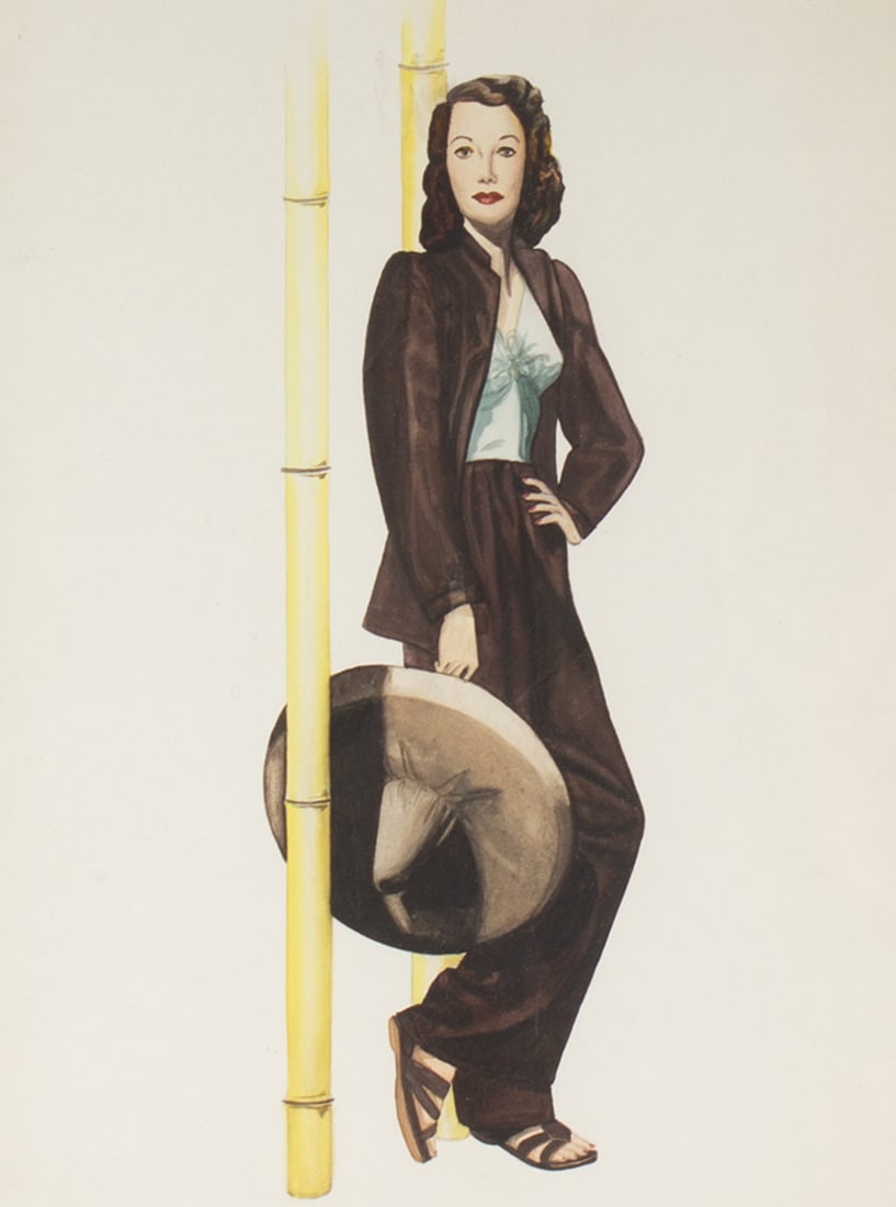 Betty Thorp Brundige 1942 Watercolor Fashion Illustration: 1942 watercolor fashion illustration by Betty Lee Throp Brundige (American; 20th century). Signed and dated to verso of watercolor. Measurements: 16" W x 19" H x 1" D (frame). &n