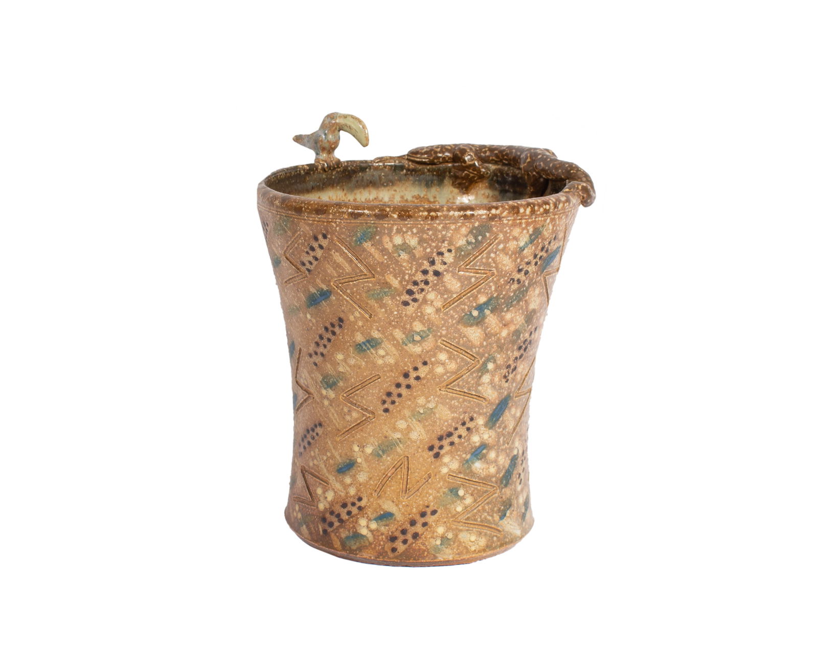 Studio Pottery Vase with Salamander and Toucan: Vintage studio pottery vase ornamented with a small ceramic toucan and salamander. Unsigned. Measurements: 8.5" W x 10.25" H x 8.5" D. In house shipping available.