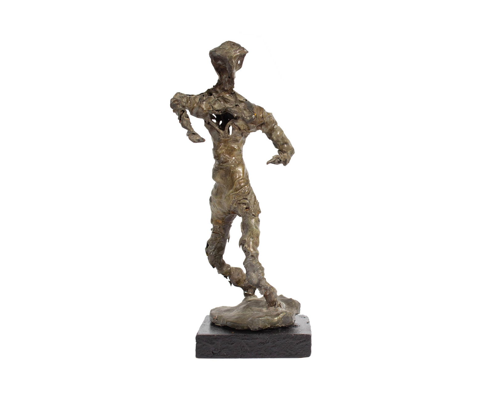 Signed Brutalist Abstract Metal Sculpture of a Figure: Abstract metal sculpture of a figure in the Brutalist style. Signed to the underside. Measurements: 4.5” W x 10.5” H x 4.5” D. In house shipping available.