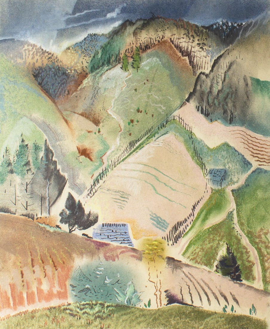 Will Henry Stevens 1940s Pastel Landscape Drawing: Circa 1940 pastel landscape drawing by Will Henry Stevens (American; 1881-1949). Signed "Stevens" lower right. Measurements: 21.25" W x 25" H x .75" D (frame); 13.75&qu