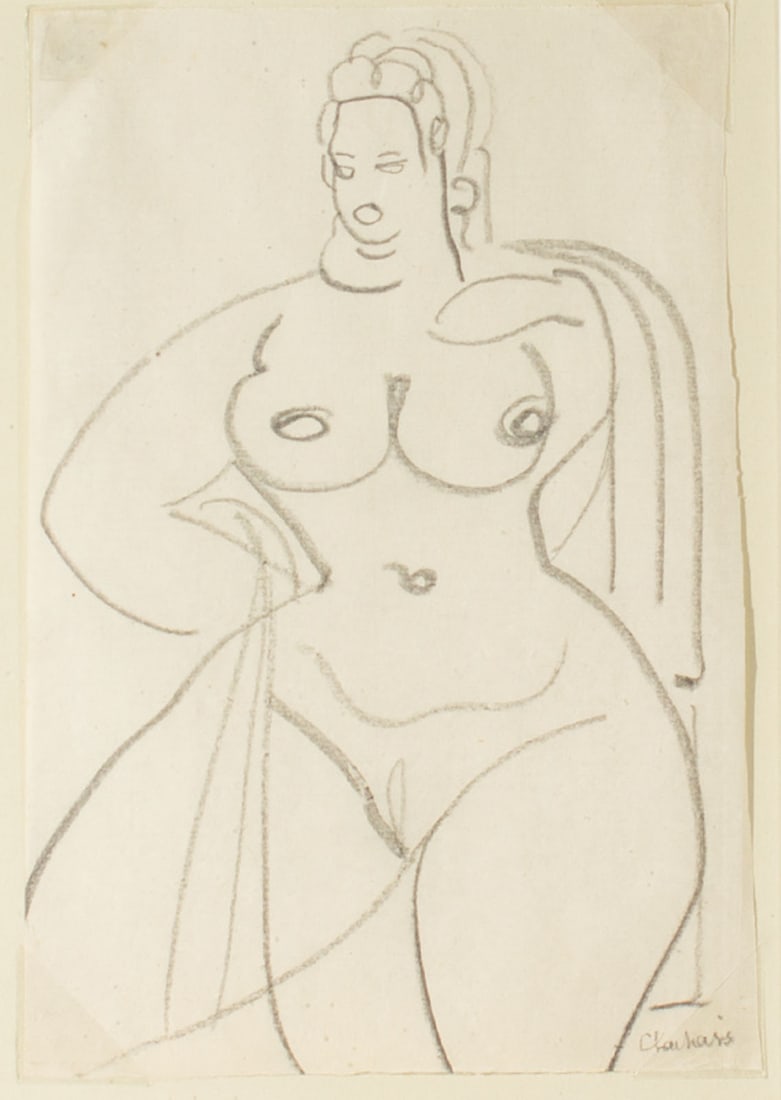 Gaston Lachaise 1930s Drawing of a Nude Figure: 1930s drawing on paper of an abstract nude female figure by Gaston Lachaise (French-American; 1882-1935). Signed lower right. Measurements: 12.75" W x 15.75" H x 1.25" D (frame);