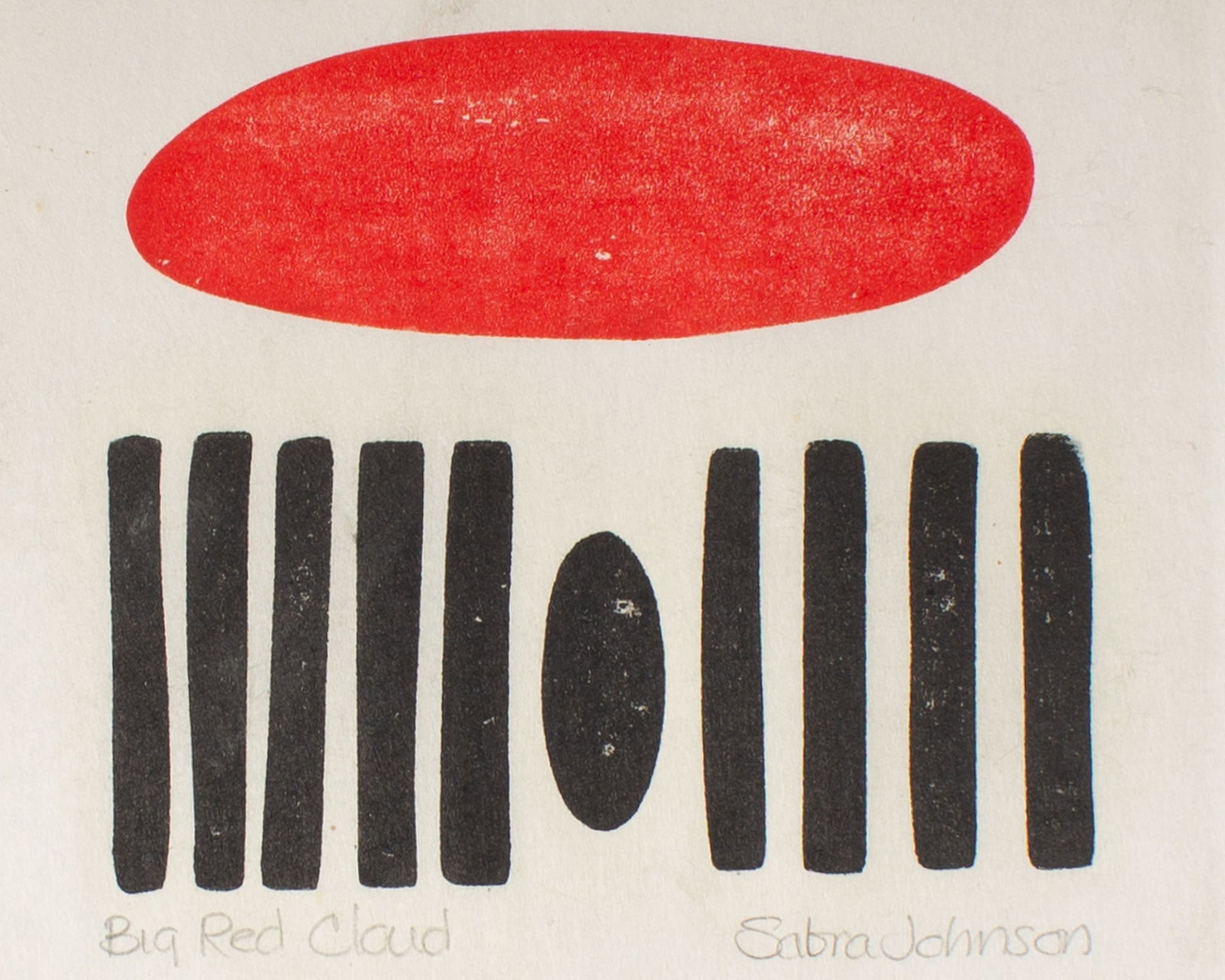 Sabra Johnson Field "Big Red Cloud" Woodblock Print: Abstract woodblock print titled Big Red Cloud by Sabra Johnson Field (American; born 1935). Signed and titled to lower edge. Measurements: 10" W x 8" H (sheet); 5.5" W