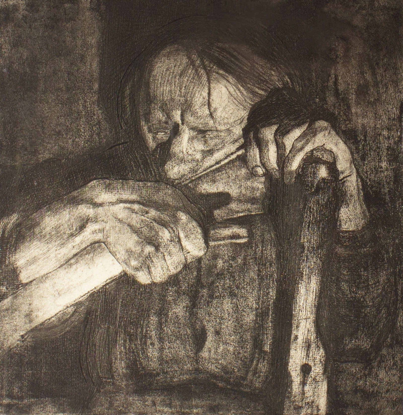 Kathe Kollwitz "Beim Dengeln (Sharpening the Scythe)" Etching: 1921 etching titled Beim Dengeln (Sharpening the Scythe) from the series Bauernkrieg (The Peasants' War) by Kathe Kollwitz (German; 1867-1945). Restrike printing with von der B