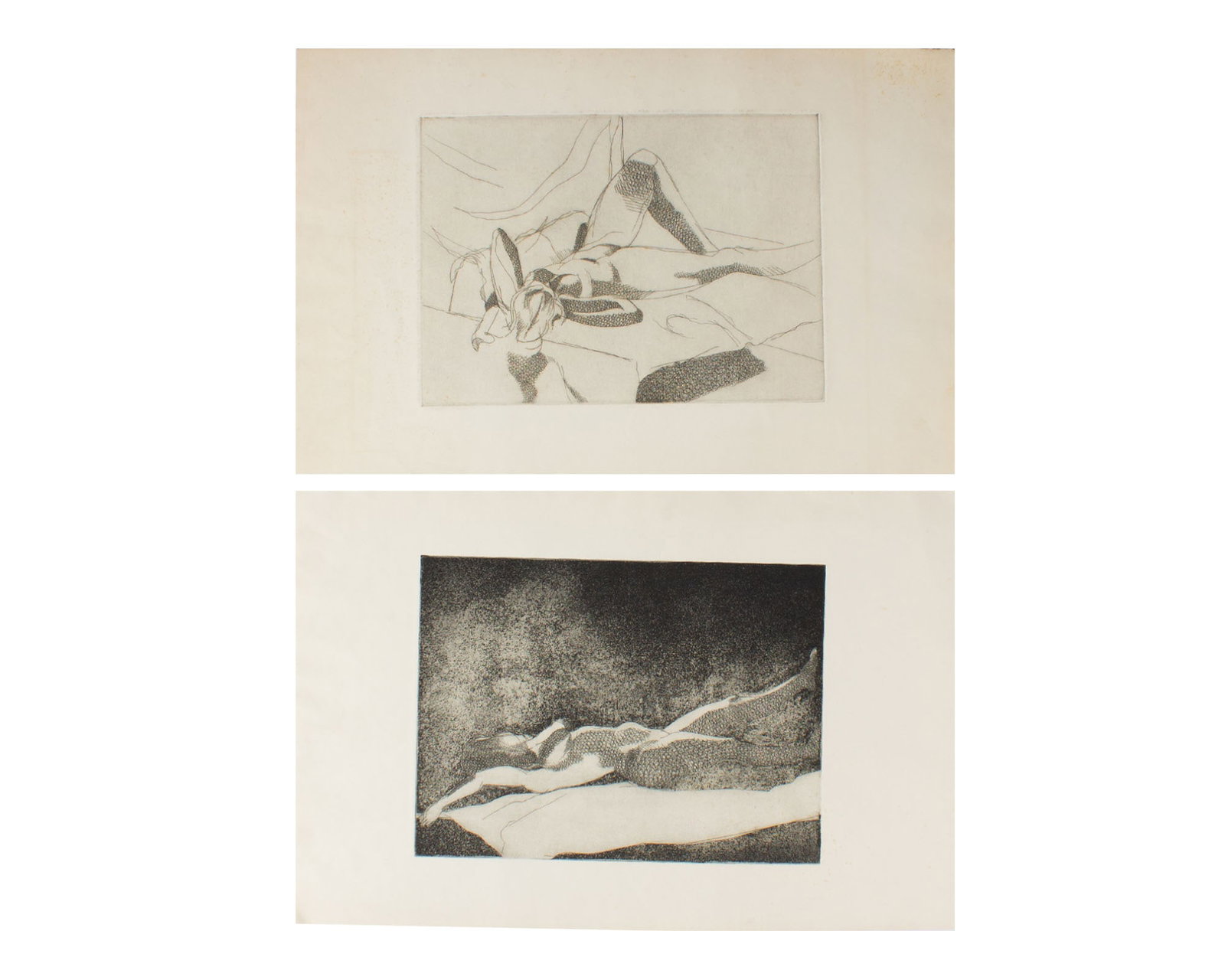 Walter Stomps Etchings of Nude Female Figures: Two abstract etchings that depict nude female figures by Walter Stomps, Jr. (American; 1929-2020). Unsigned, both prints are estate stamped verso. Measurements: 19.75" W x 13" H