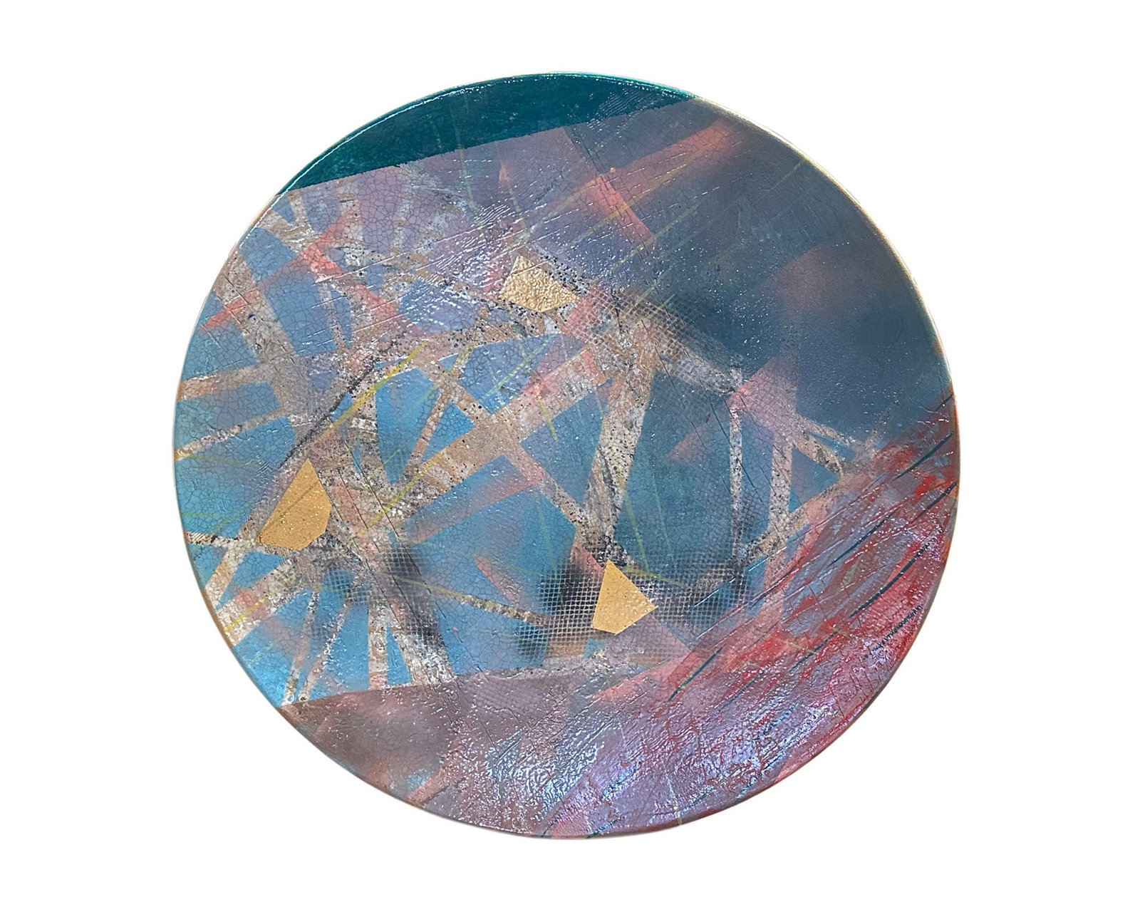 Douglas Kenney 1995 37" Monumental Studio Pottery Wall Charger: 1995 monumental studio pottery wall plate charger by Douglas Kenney (American; born 1962). Measures 37" in diameter, modernist design. Signed, dated, and marked "#N7" to verso. Hanging