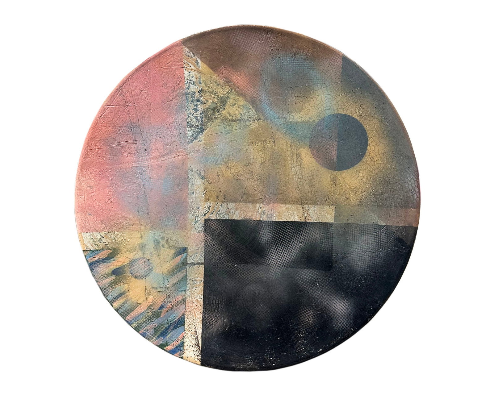 Douglas Kenney 1995 38" Monumental Studio Pottery Wall Charger: 1995 monumental studio pottery wall plate charger by Douglas Kenney (American; born 1962). Measures 38" in diameter, modernist design. Signed, dated, and marked "#N10" to verso.