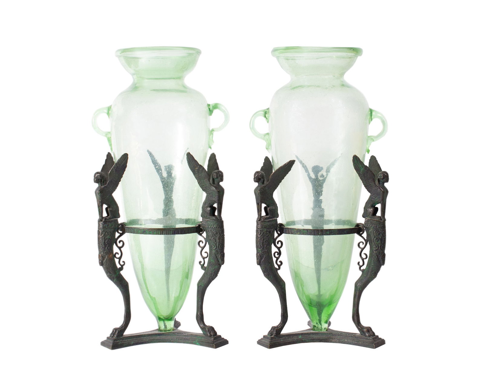 Giorgio Sommer Italy Antique Grand Tour Glass Amphorae with Bronze Stands: Late 19th century antique green glass amphorae with bronze stands with sphinxes produced by the Giorgio Sommer Foundry of Naples, Italy. Marked on the bronze. Measurements: 6&qu
