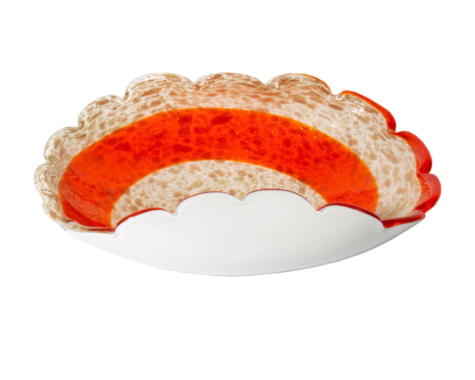 Fratelli Toso Murano Italy Orange Swirl Glass Bowl: Italian Murano glass bowl with orange swirl by Fratelli Toso. Marked with blue and silver foil used by Fratelli Tosi to underside. Measurements: 12.25" W x 4" H x 9" D. &nbs