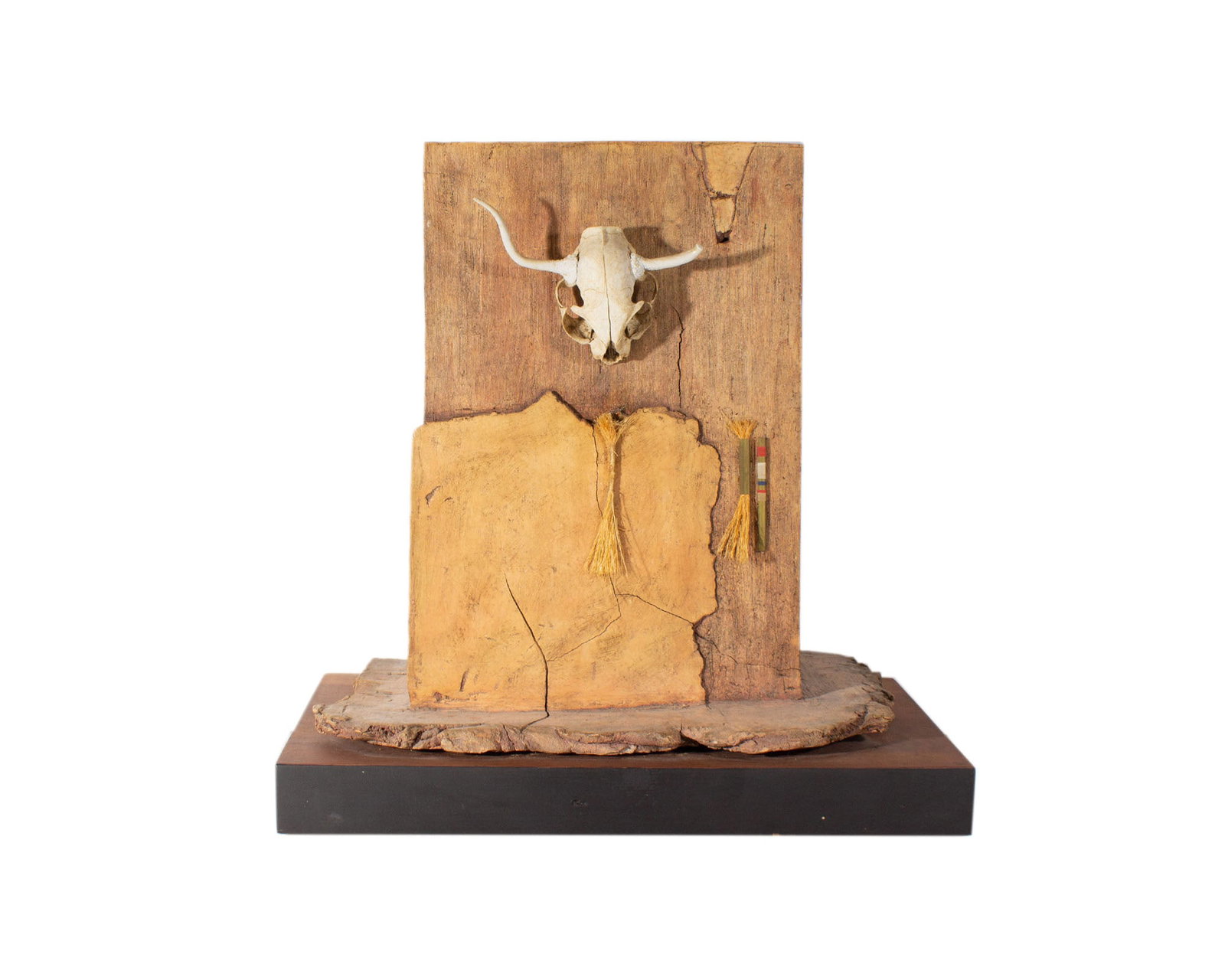 Gerald G. Boyce 1989 Studio Pottery Sculpture: 1989 studio pottery sculpture by Gerald G. Boyce (American; 1925-1999). Signed to a ceramic piece adhered to the backside, the mixed media sculpture is comprised of ceramic block made to look like woo