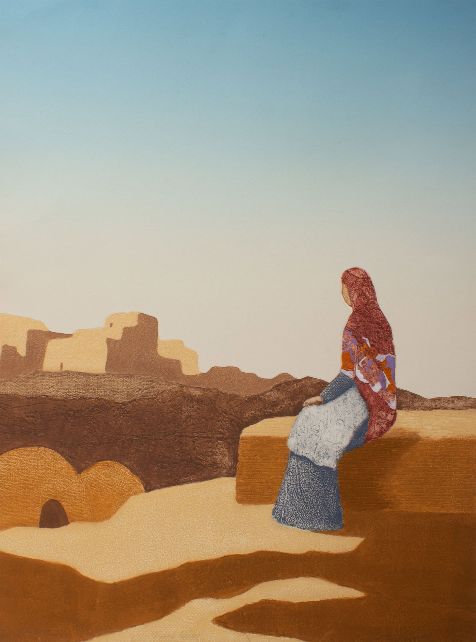 Martha Slaymaker "Pueblo Woman" Collagraph Print: Collagraph print titled Pueblo Woman by Indiana artist Martha Slaymaker (American; 1935-1999). Signed and titled lower edge. Measurements: 29.75" H x 22" W. In house