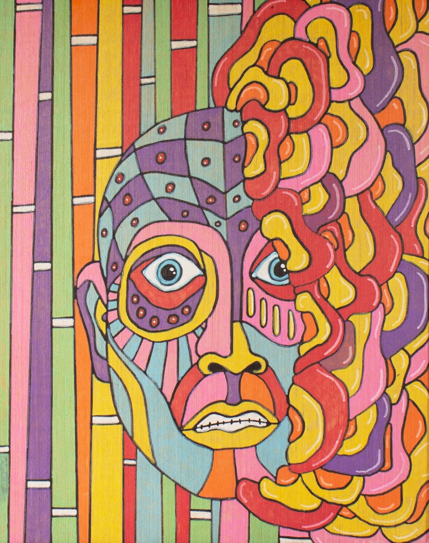 R.A. Buys "She Wore a Thousand Faces" Mixed Media Painting: Abstract oil and marker on wood painting titled She Wore a Thousand Faces all to Hide Her Own by R.A. Buys (American; 20th/21st century). Signed and titled verso. Measurements: 16.75&