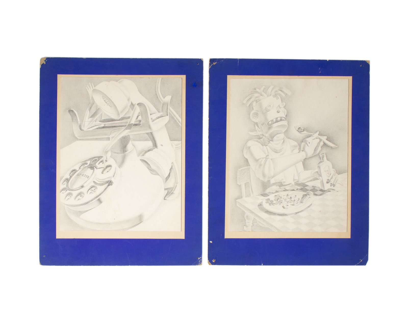 Jack Griffin 1941 Graphite Drawings: Two 1941 graphite drawings of a robot eating and a rotary phone with hands by Jack Griffin (American; 20th century). Signed and dated verso. Measurements: 7" W x 9" H (board, bot